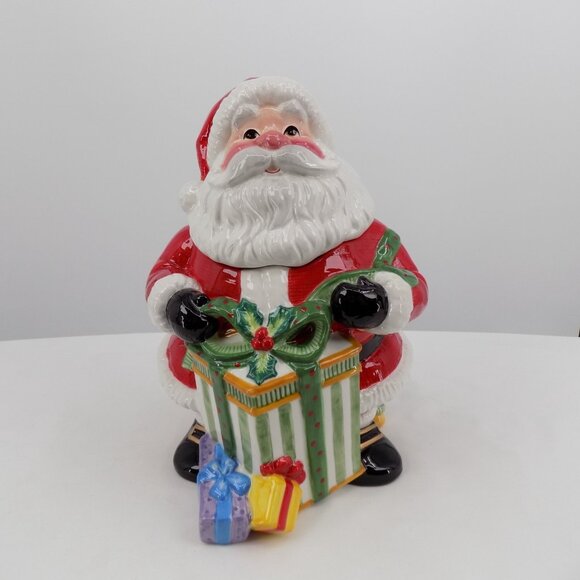 Fitz & Floyd Happy Holidays Santa Gift Handcrafted Ceramic Christmas Cookie Jar - Picture 2 of 12